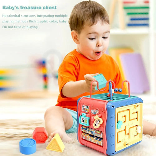 Six-sided baby educational toy with bead maze, gears, clock, and shape recognition activities