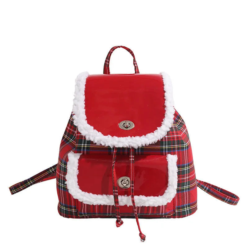 Red plaid lamb wool textured lightweight commuting handbag with stitching and PU leather finish