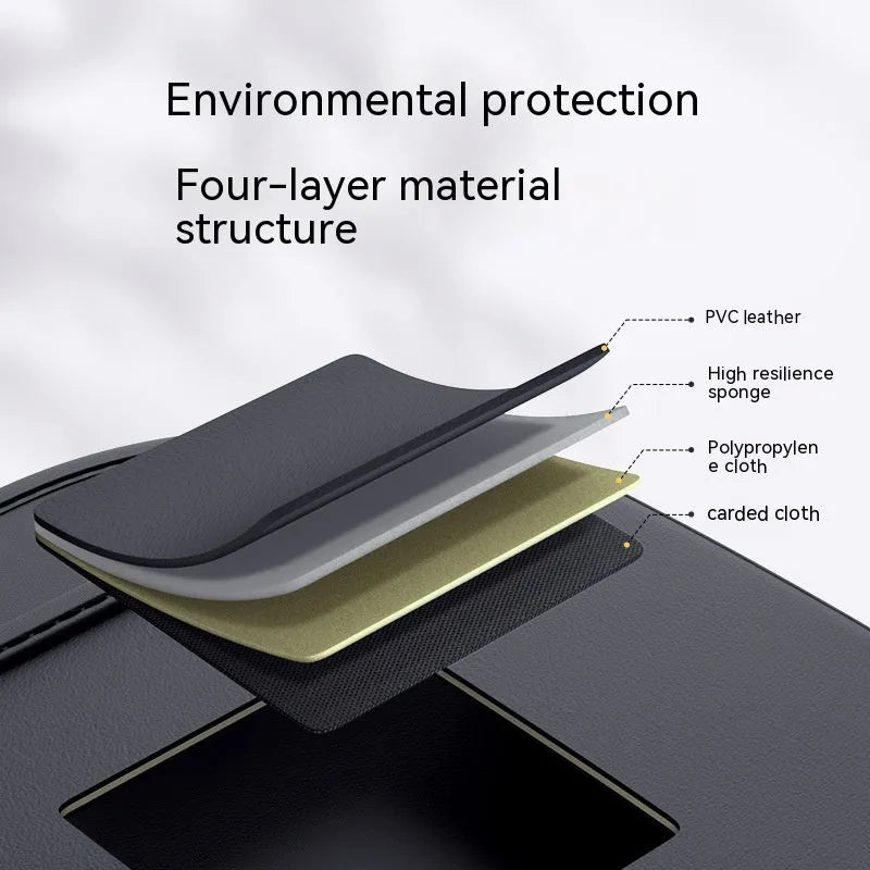 Black genuine leather car seat back hanging storage bag with a carry handle.