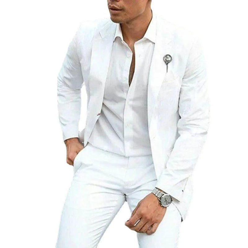 Men's white slim fit two-piece wedding suit on a hanger.