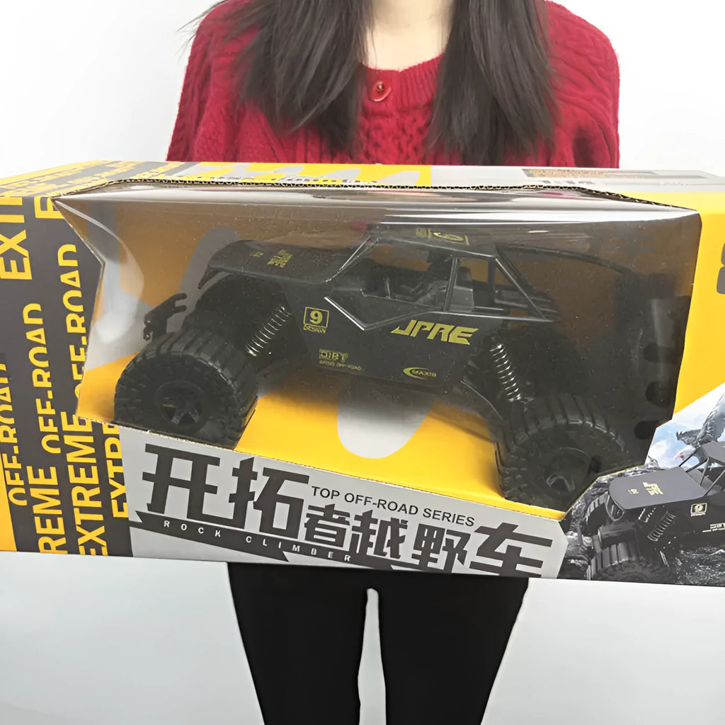 Super large black remote control off-road toy car with four-wheel drive and spring rod suspension