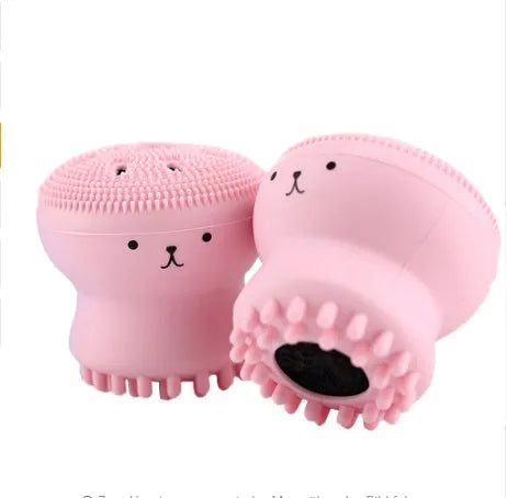 Cartoon octopus silicone wash brush in pink for manual facial cleansing and massage