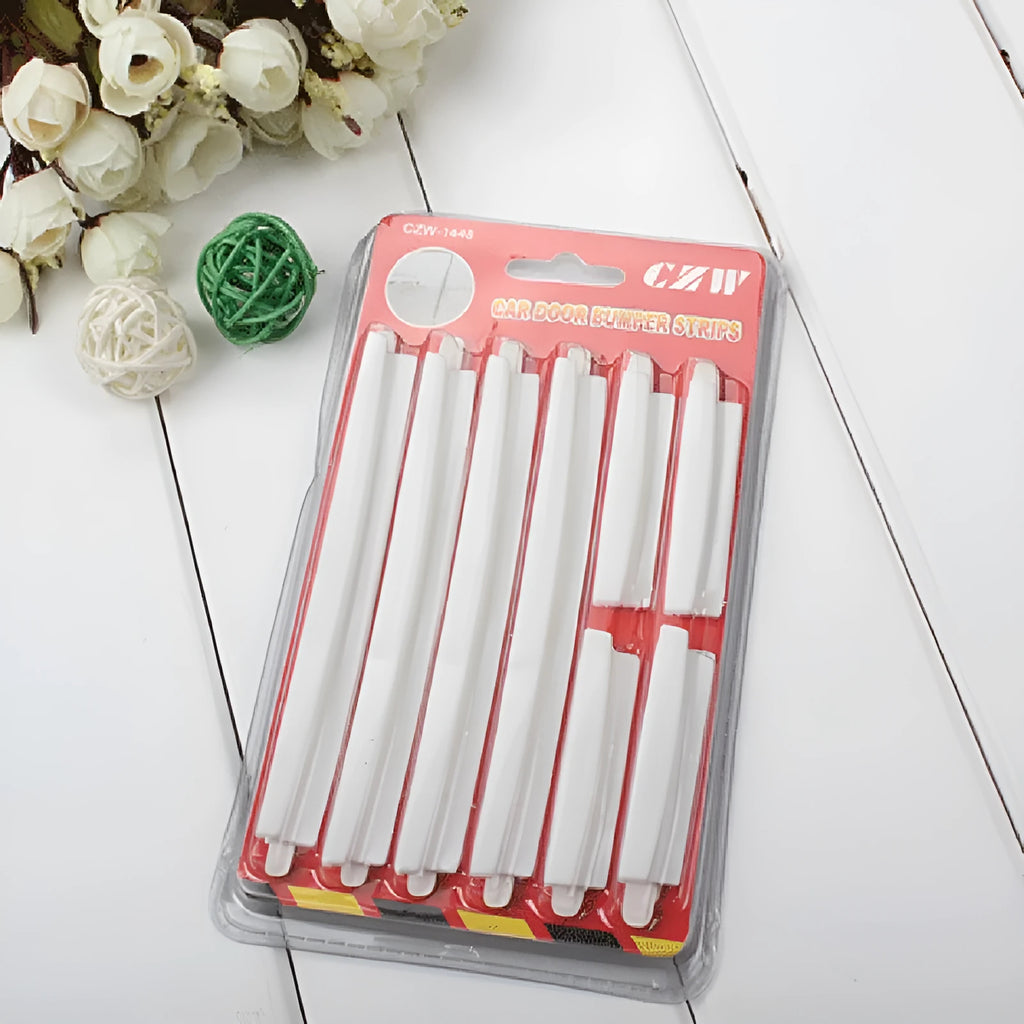 Solid white plastic car door edge protector strip showing its 0.5cm thickness and adhesive backing.