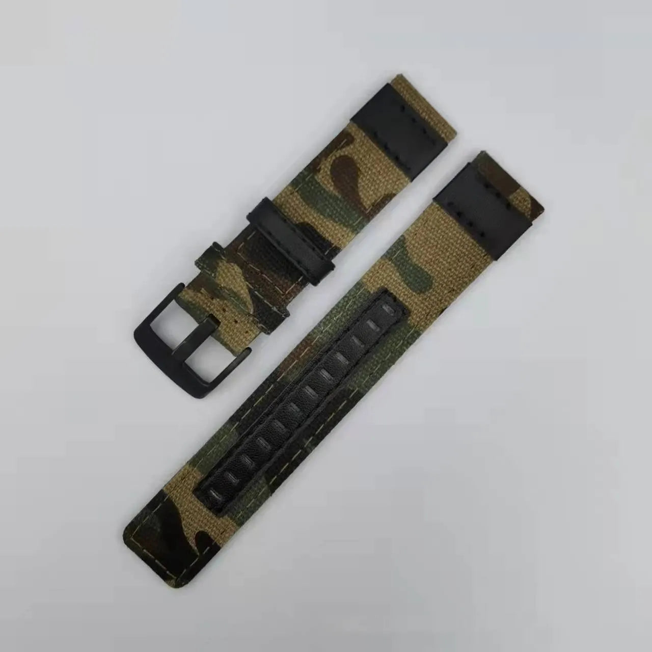 Oxford cloth watch strap shown in multiple colours including camouflage, with 20mm, 22mm, and 24mm width options.