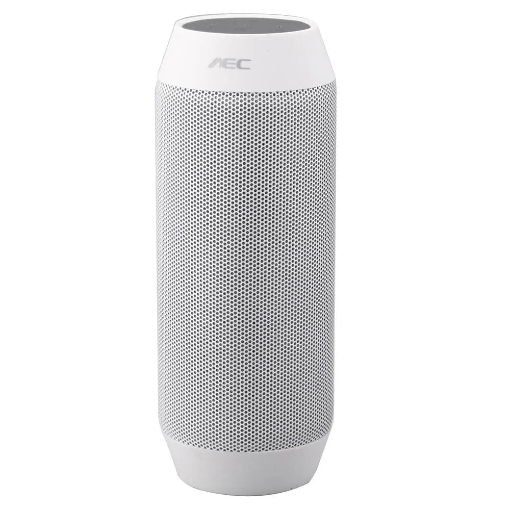 Mini black and white Bluetooth speaker with colourful LED light ring showing 360° sound capability