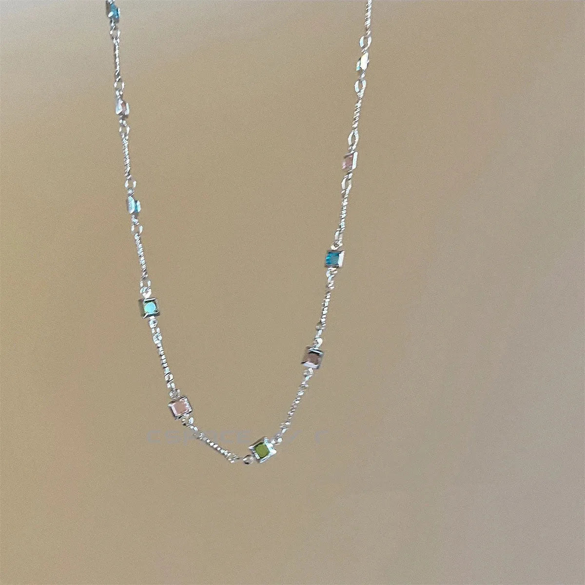 Square colour geometric alloy clavicle chain necklace with artificial crystals in gold tone