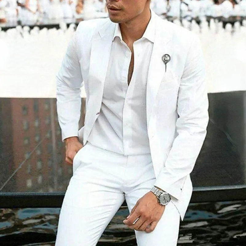 Men's white slim fit two-piece wedding suit on a hanger.