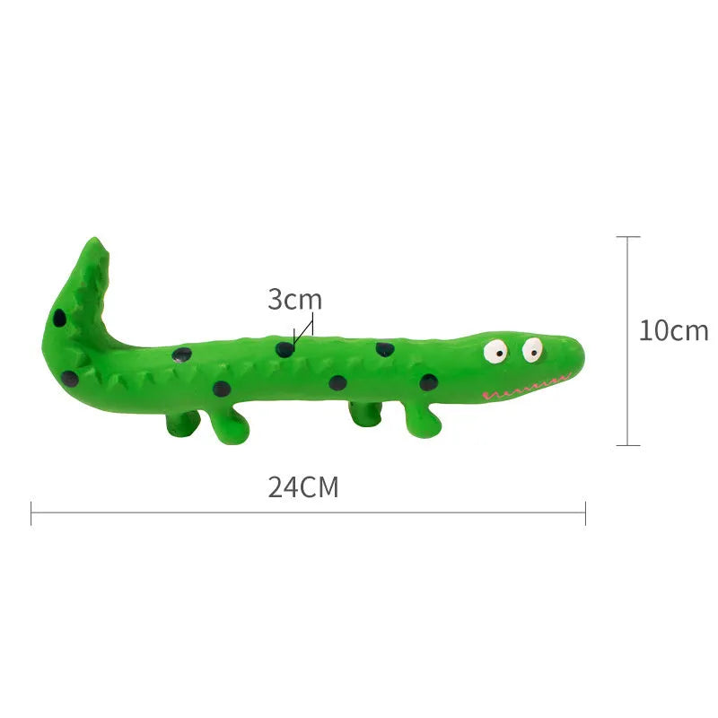 Green cartoon lizard-shaped squeaky dog chew toy for aggressive chewers.