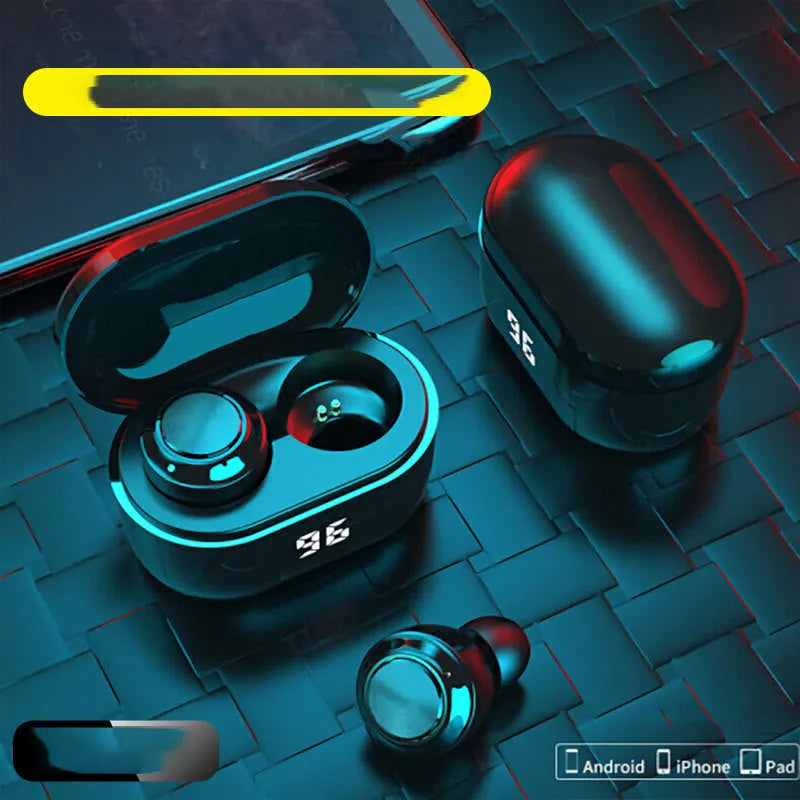 Black stereo Bluetooth in-ear headphones with silicone tips, showcasing wireless design for calls and music.