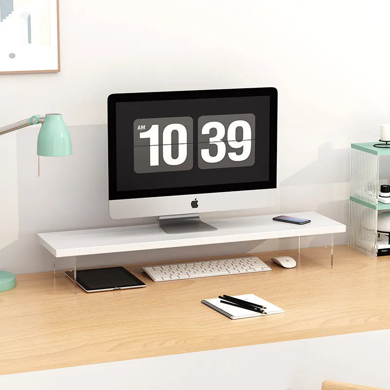 Wooden computer riser stand with acrylic legs, single-layer desk organiser in black or white, 40cm to 120cm
