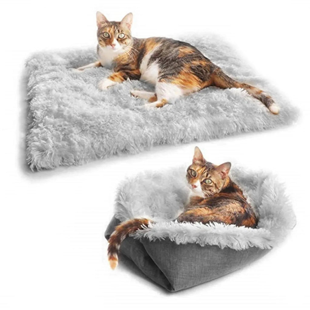 Grey and white pet blanket nest with long plush surface and black non-slip bottom