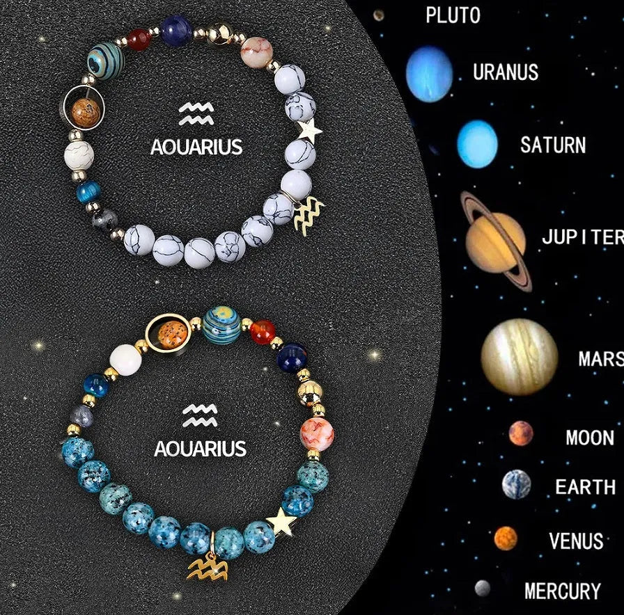 Two natural stone beaded bracelets with zodiac sign designs and adjustable string closures