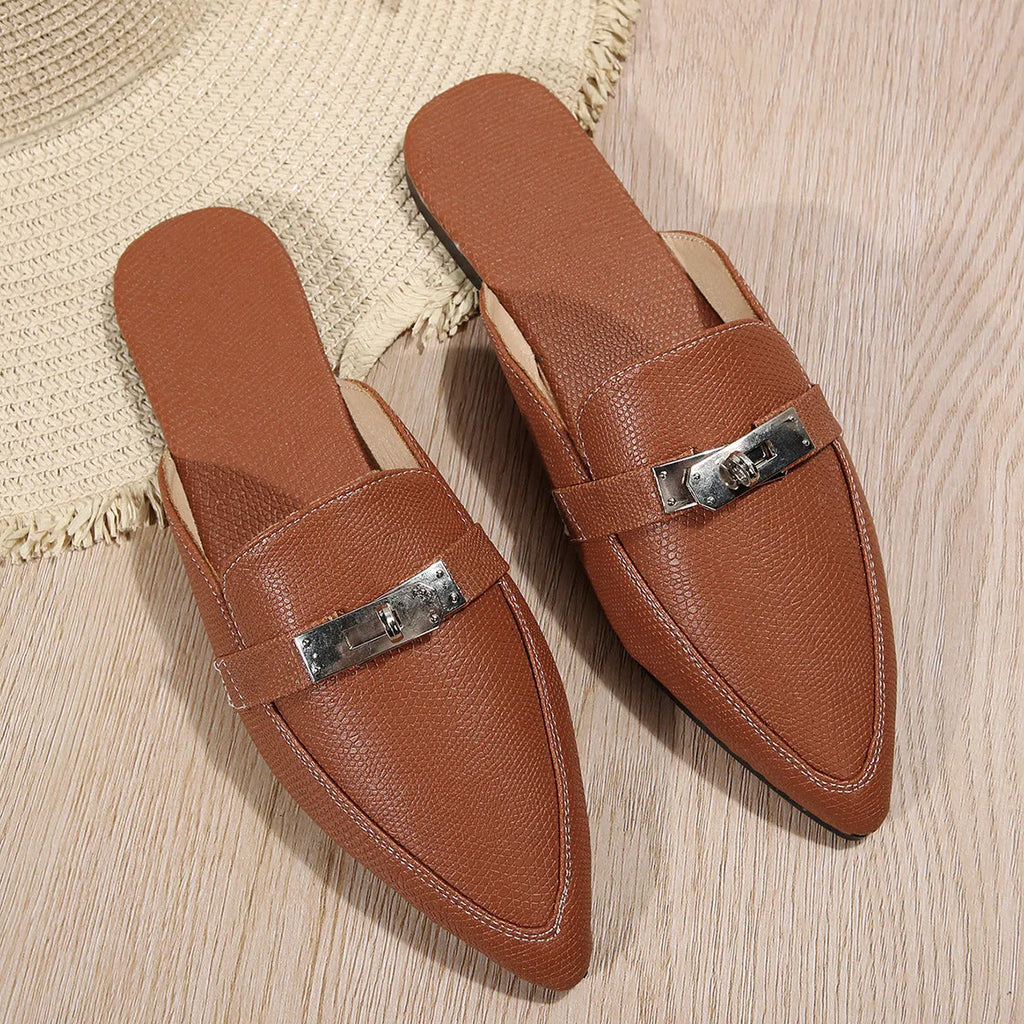 Light brown women's pointed-toe semi-slippers with low heel and rubber soles