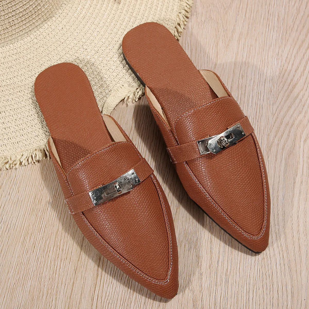 Light brown women's pointed-toe semi-slippers with low heel and rubber soles