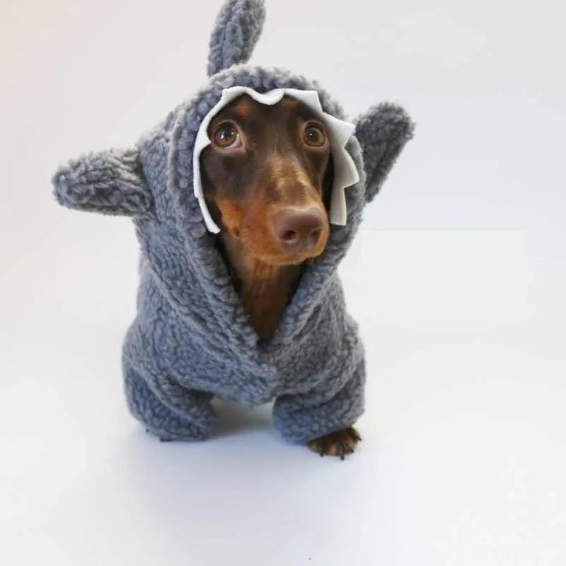 Grey shark fleece-lined hooded pet sweater for small dogs and cats on a plain background