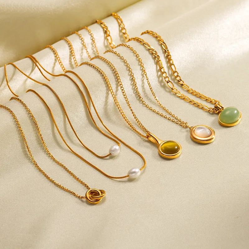 Retro stainless steel necklace with mixed gem inlaid pendant and electroplating finish in five colour options