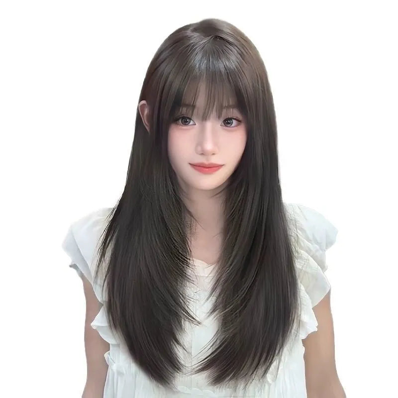 Black long straight high layered human hair wig for women with full-head coverage