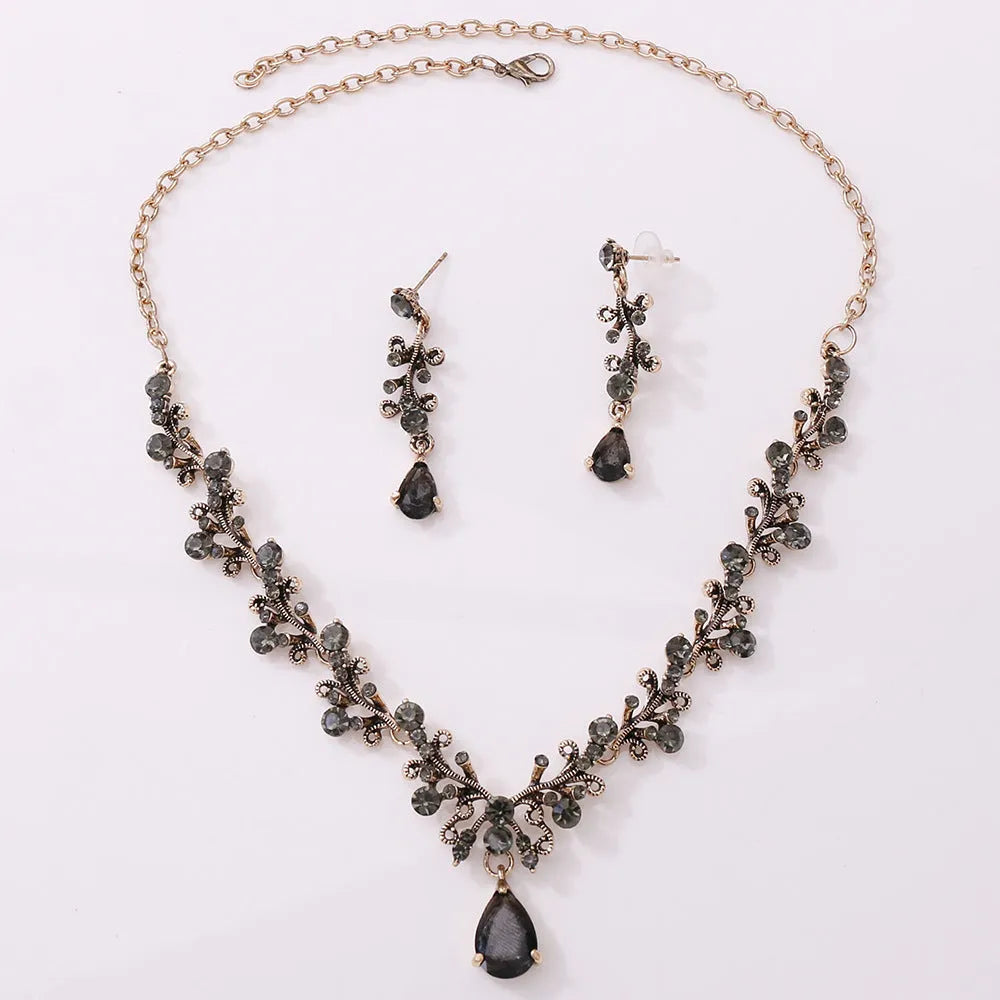 Bridal rhinestone zircon earring and necklace set in alloy, inlaid diamond finish, three colour options silver white gold white black