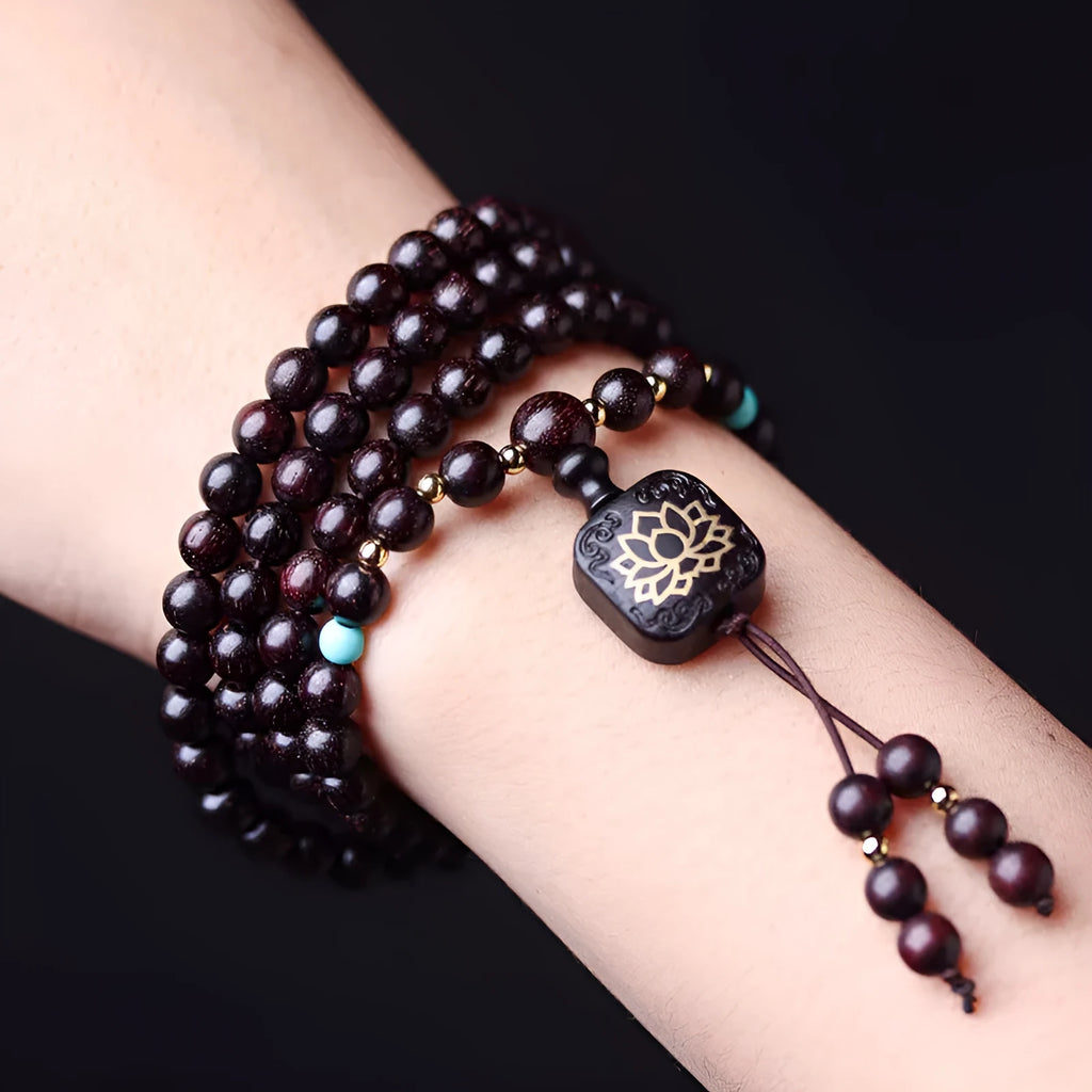 Zambia rosewood DIY bead bracelet kit with flat lotus pendant and 108 wooden beads.