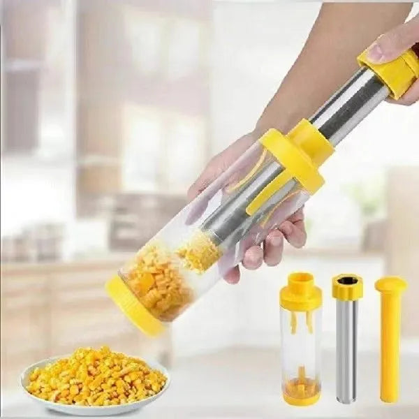 Yellow cylindrical corn stripper kitchen tool made from ABS plastic and stainless steel