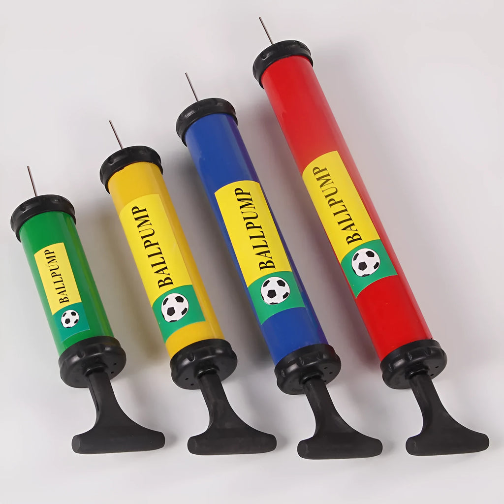 Manual plastic hand pump for inflating basketballs, volleyballs, and footballs in mixed colours.