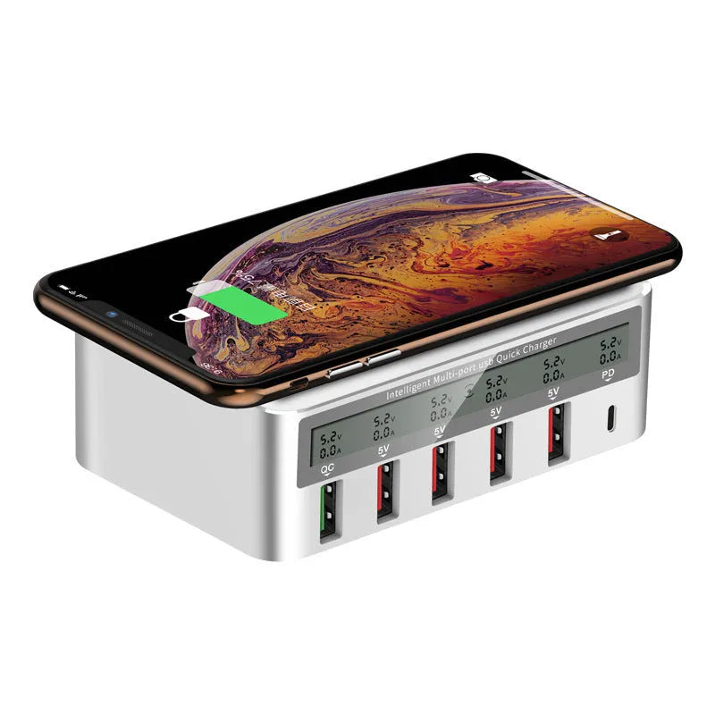 QC30 6-port USB desktop charger with LED display showing British, European and American plug versions