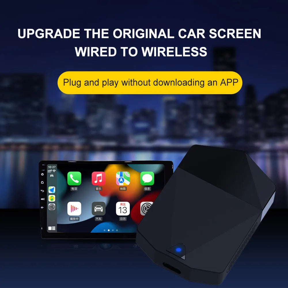 Black ABS wireless CarPlay adapter box M25 with 9 inch 1080 capacitive screen and Type-C interface, 65x43x12mm
