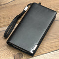 Men's long black PU leather zipper wallet showing multiple card slots and compartments