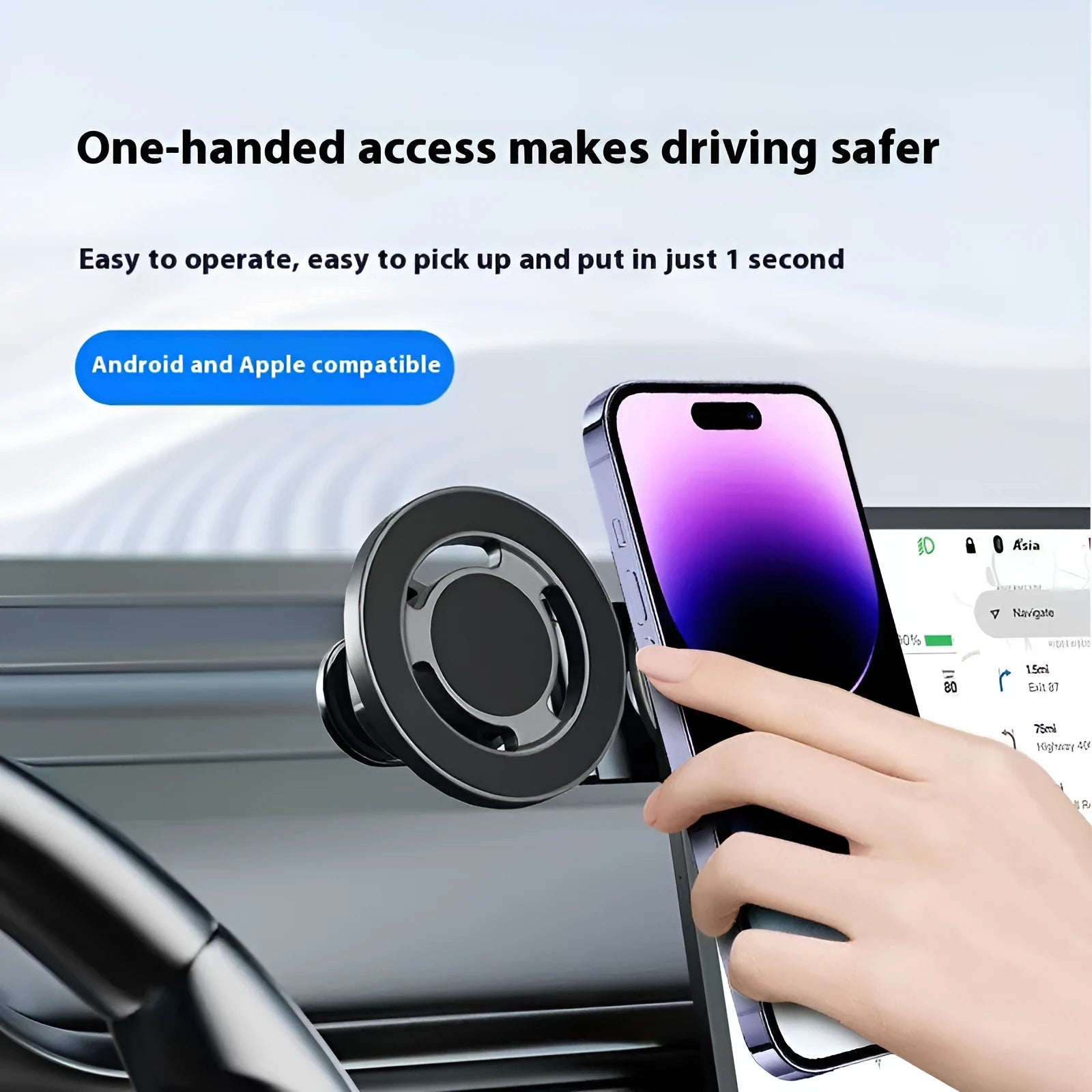 Aluminum alloy car phone holder titanium gray dashboard magnetic suction mount with Magsafe-style folding design