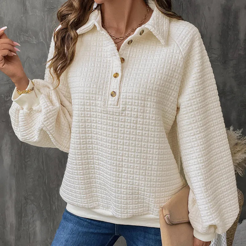 Milky white women's pullover sweater with a polo collar and textured knit fabric