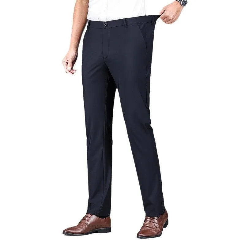 Fleece-lined men's straight leg trousers in black, side view showing draping effect