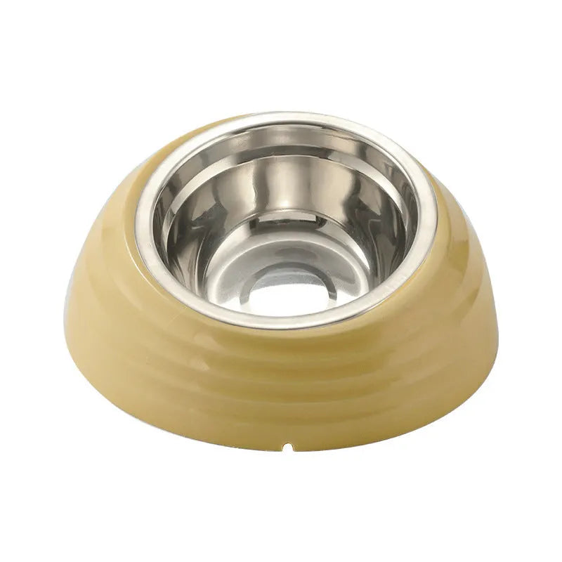 Stainless steel cat bowl with plastic non-slip base in a choice of beige, brown, or light green colours.