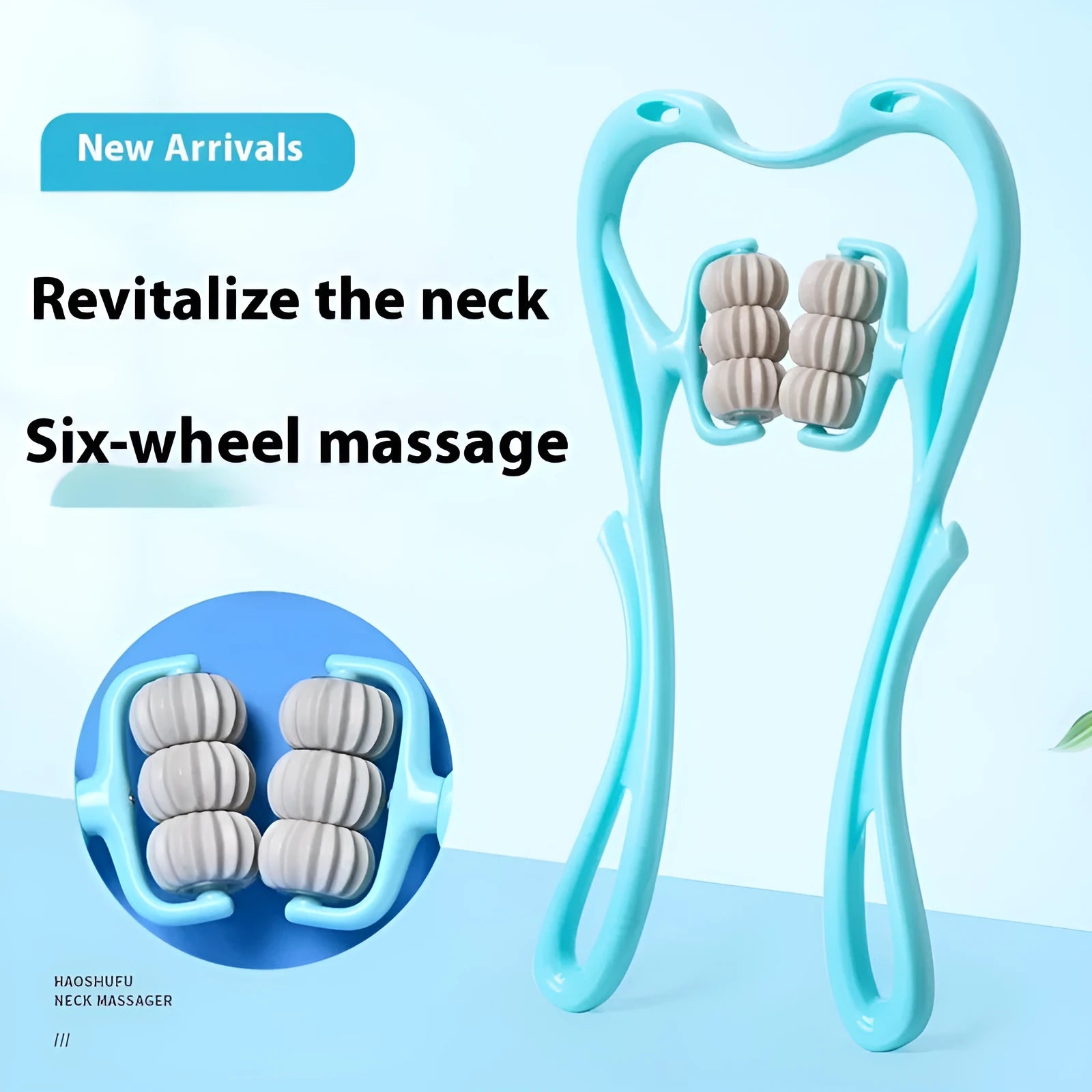 Blue plastic six-wheel electric neck and shoulder massager with control buttons on a white background