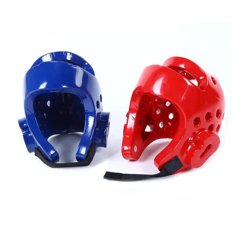 Blue martial arts protective gear set showing leg guards, helmet, and boxing gloves for karate taekwondo