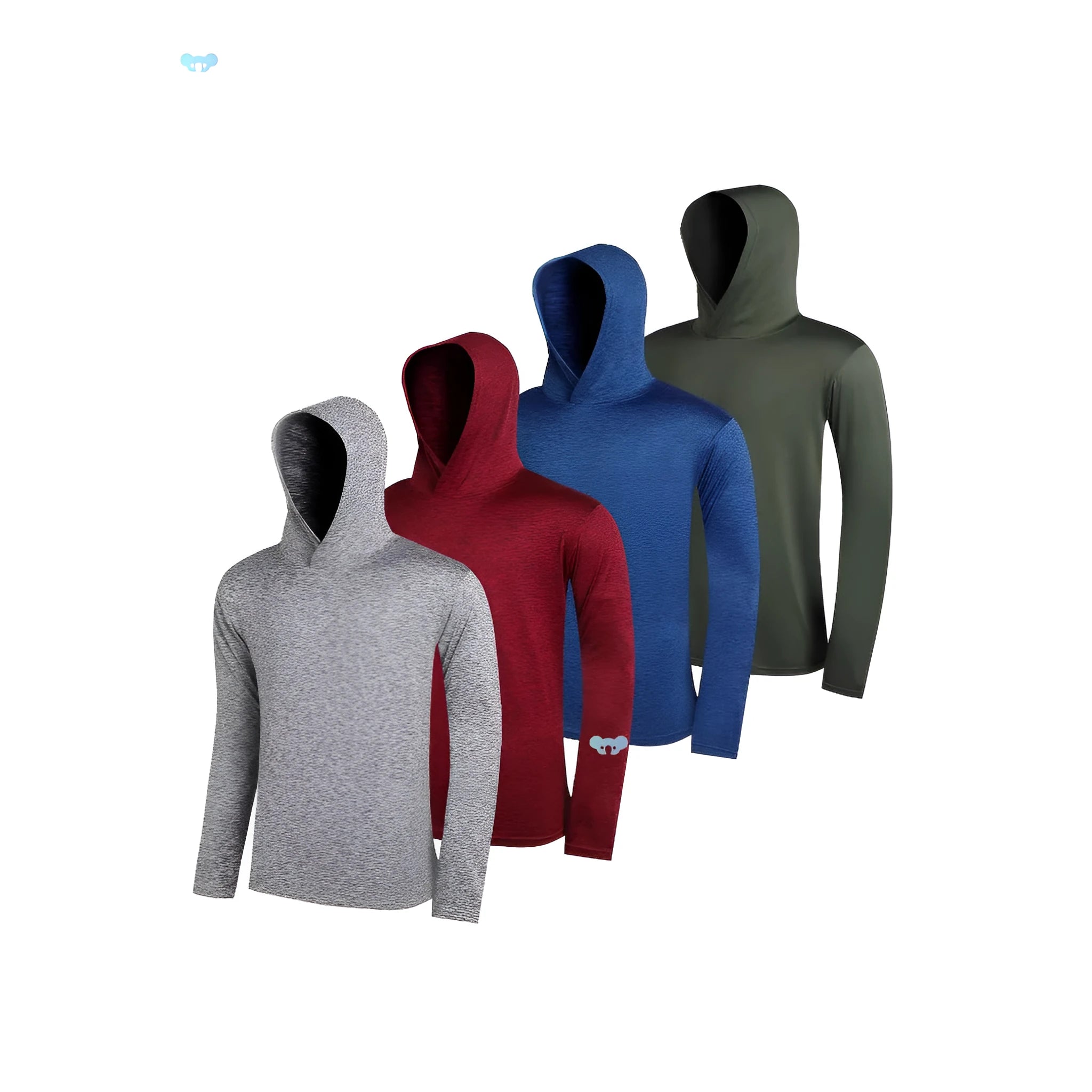 Set of four men's lightweight hoodies in elastic polyester fabric, shown in multiple colours.