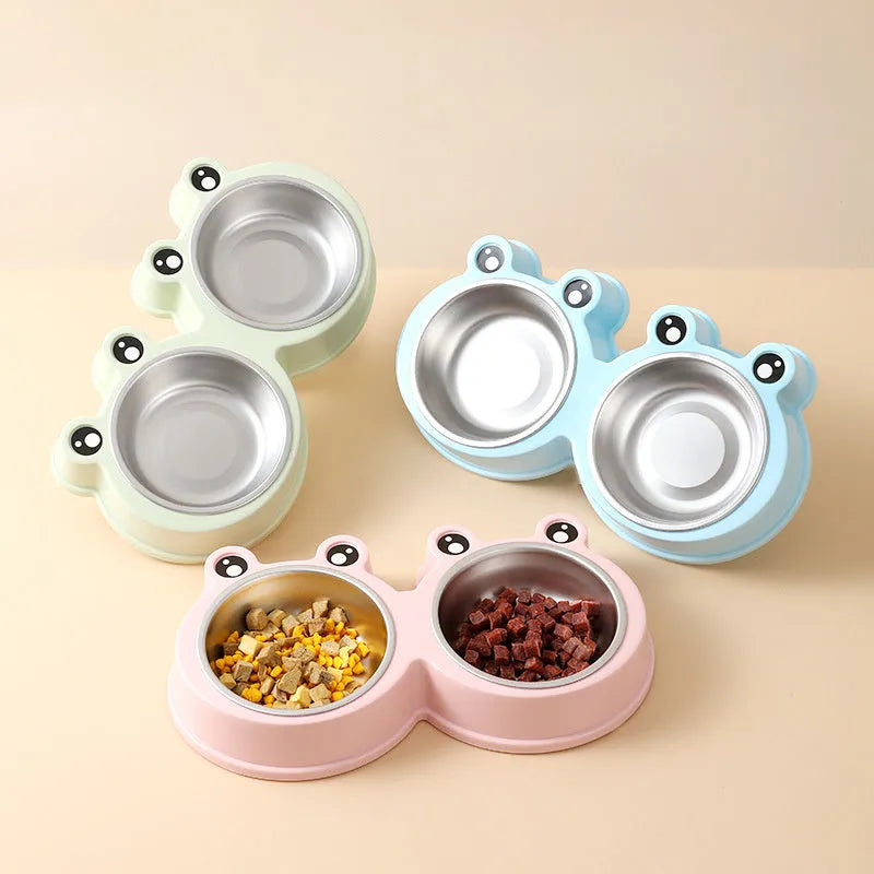 Stainless steel pet double bowl for food and water in blue, green, and pink colour options.