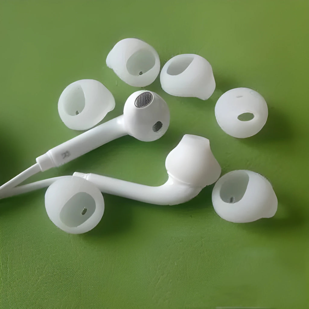 Black silicone sleeve fitted on a Samsung S6 Edge white earphone.