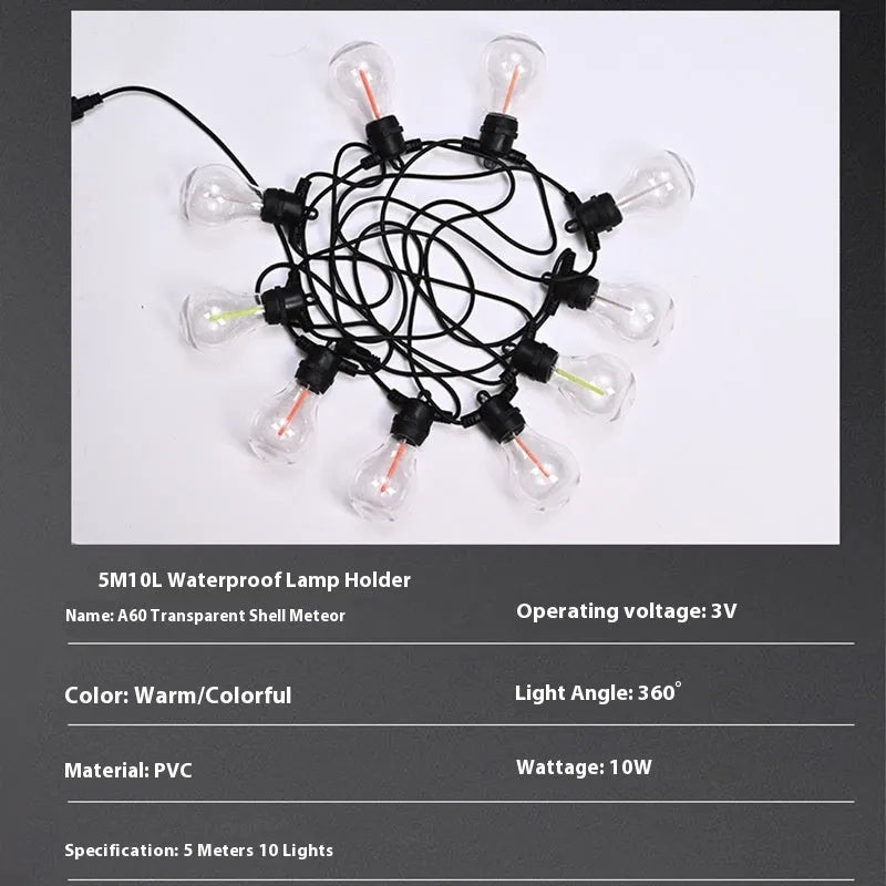 Waterproof outdoor decorative string lights with transparent meteor-shaped LED bulbs