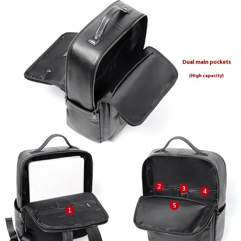 Men's black leather computer backpack with woven design and large capacity