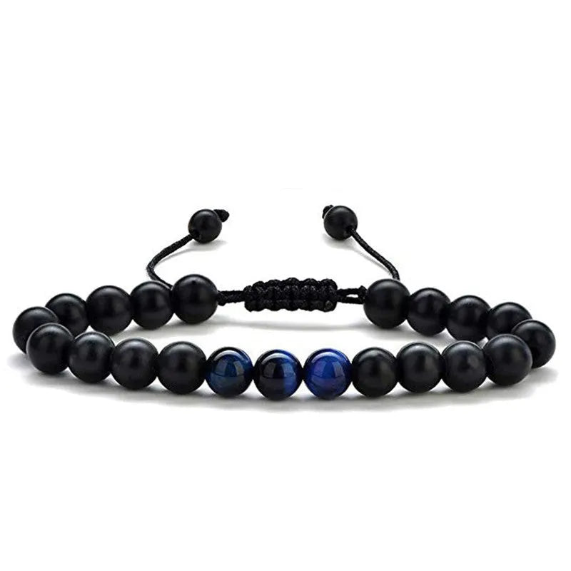 Geometric matte black agate couple bracelets for matching wear.
