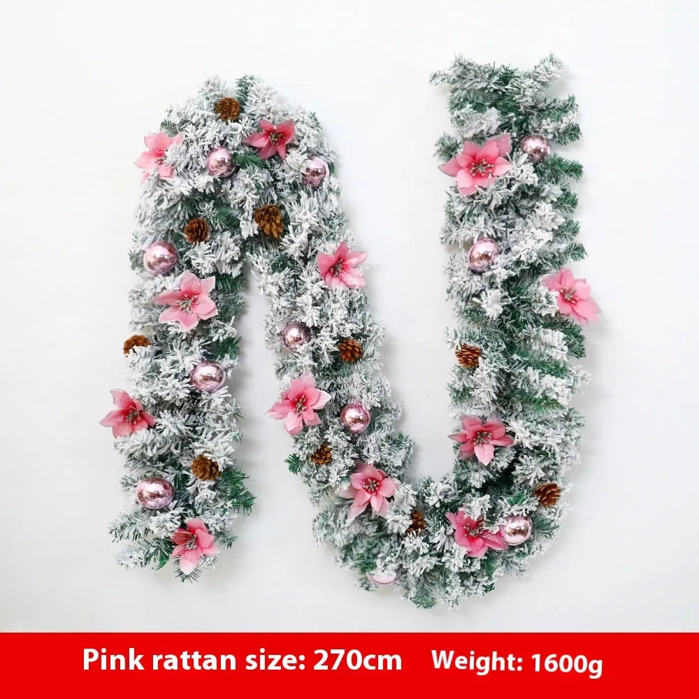 American-style PVC Christmas rattan garland with white flocking, shown draped in golden and red colour options.