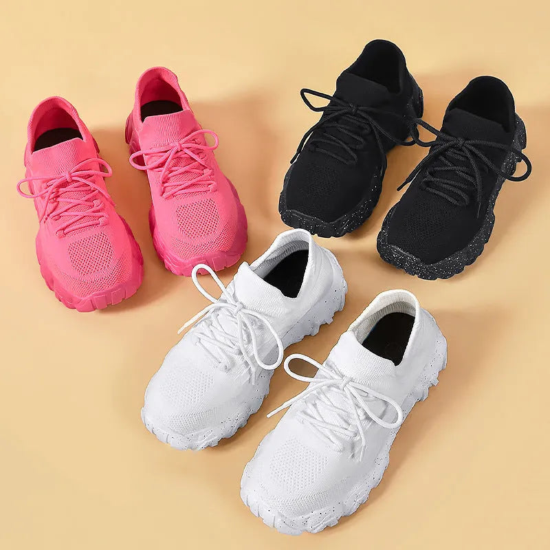Lace-up fly-knit socks shoes with low heel platform sole, mesh upper, round toe, available in black and rose red