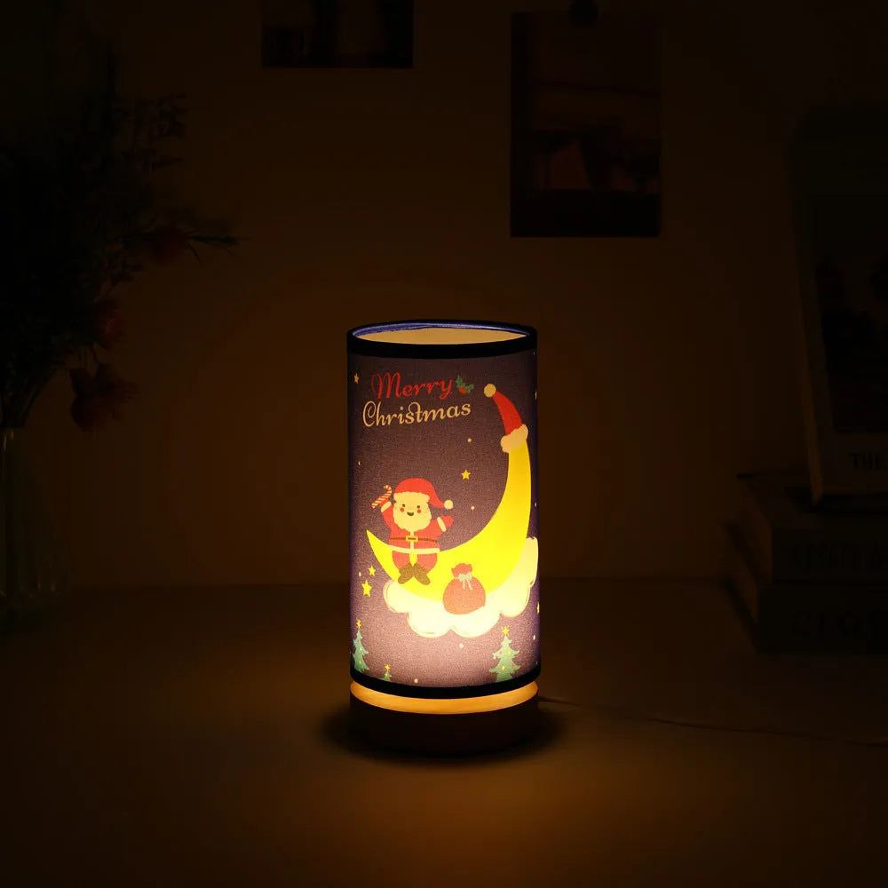 Moon Santa Claus themed LED night light with a bamboo base and a USB plug.