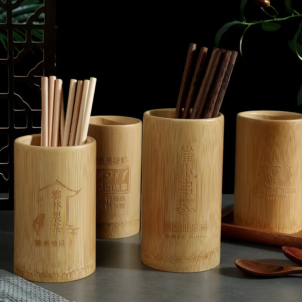 A creative bamboo chopsticks holder in various styles like Bevel, Groove, and Wooden Barrel on a table.