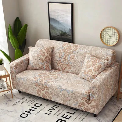 Printed geometric stretch sofa slipcover on double seat sofa in modern simplicity style