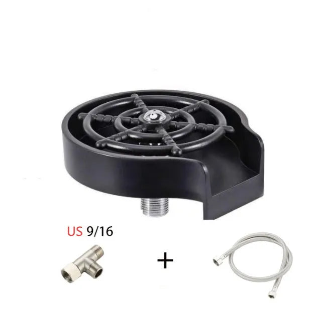 Stainless steel high pressure automatic glass washer on a black ABS plastic base.