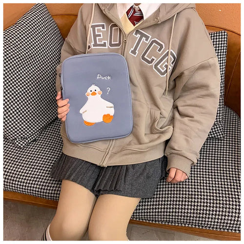 Cartoon cute duck embroidery tablet case with zipper closure in cotton material
