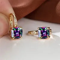 Square geometric ear hooks with round zircon inlays in gold, platinum, or rose gold finish