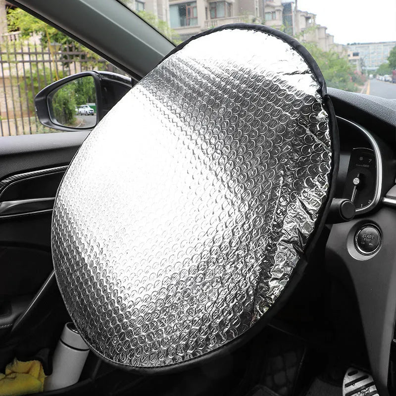 Aluminium foil car steering wheel sunshade cover with brand LOGO pattern, universal fit for general vehicle models