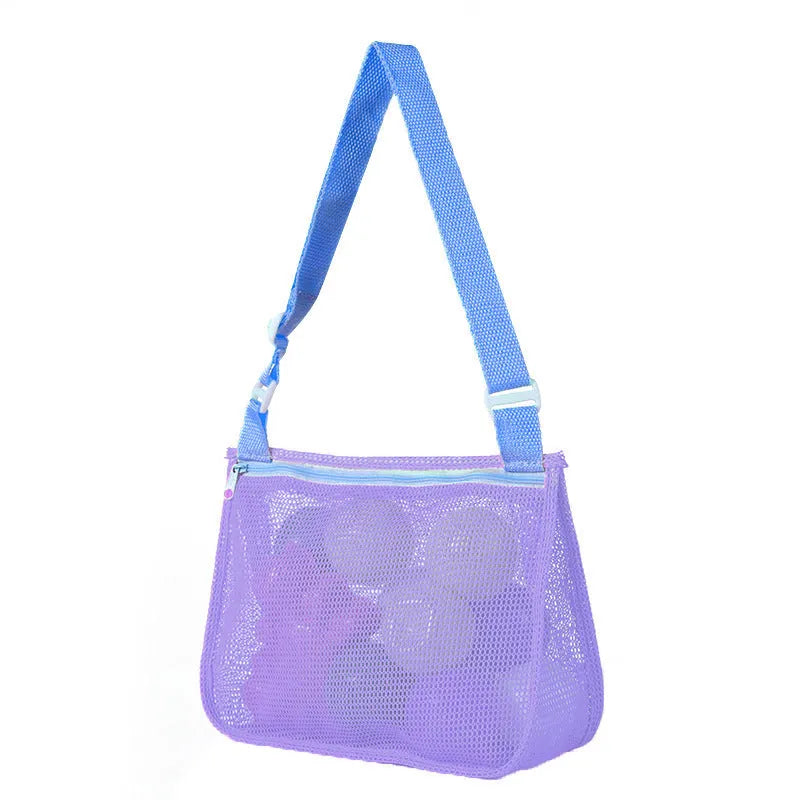 Blue nylon mesh travel storage bag with black handle and zip seal for children's clothing organisation